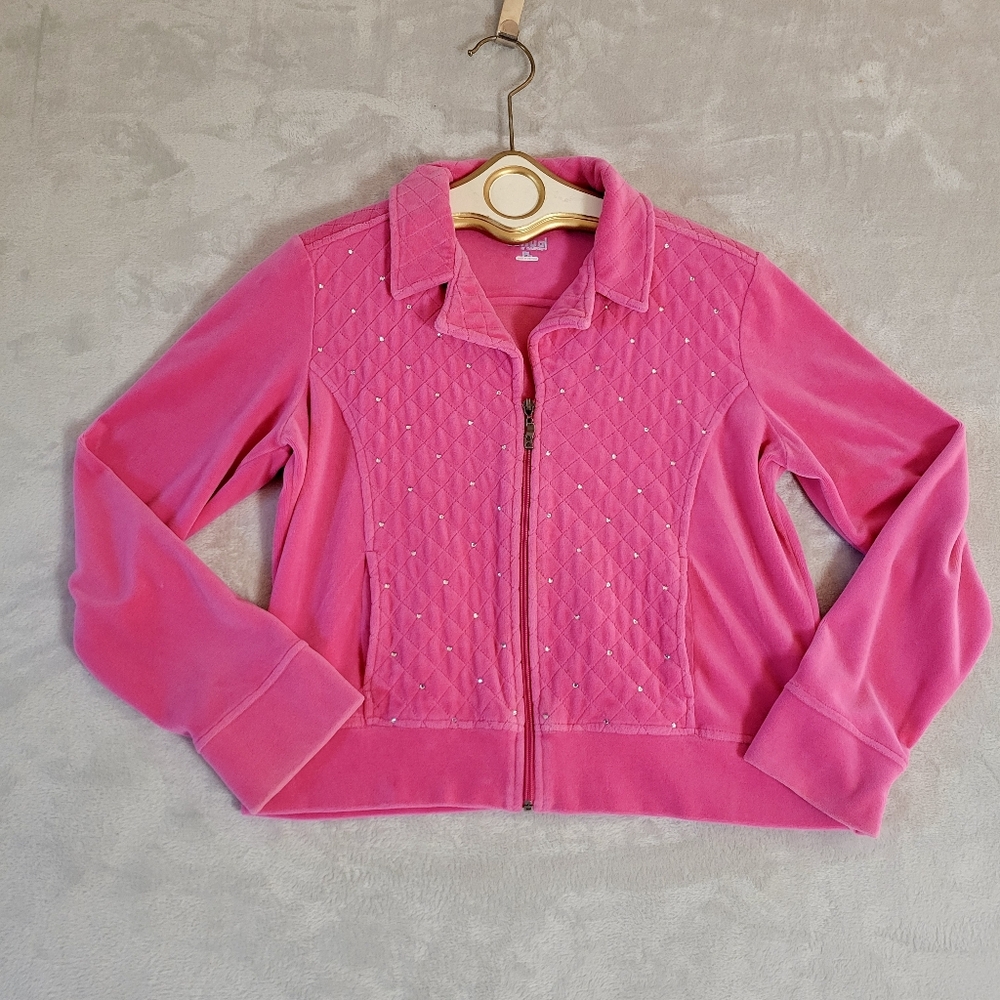 Vintage Y2K Cropped Hot Pink Quilted Velour Track Jacket Rhinestones PL